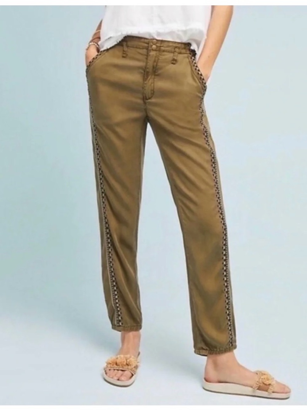 Anthropologie Olive Green Embroidered Side-Trim Cargo Joggers